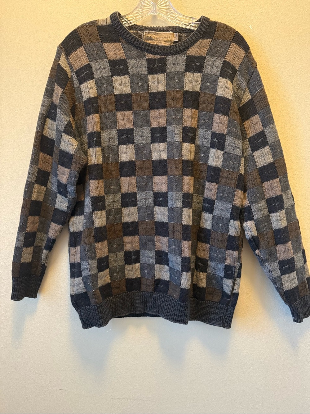Vintage 90s Shenandoah Block Knit Checkerboard Grandpa Sweater - Size Medium